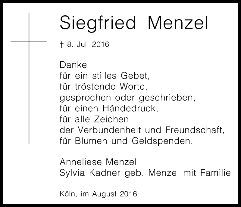  Traueranzeige für Siegfried Menzel vom 20.08.2016 aus Kölner Stadt-Anzeiger / Kölnische Rundschau / Express