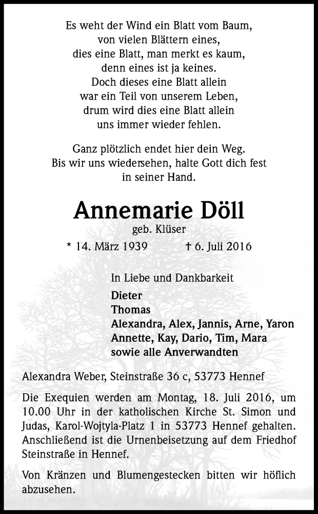 Traueranzeige für Annemarie Döll vom 13.07.2016 aus Kölner Stadt-Anzeiger / Kölnische Rundschau / Express