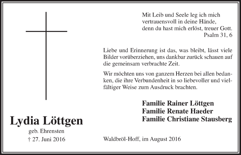  Traueranzeige für Lydia Löttgen vom 10.08.2016 aus  Lokalanzeiger 