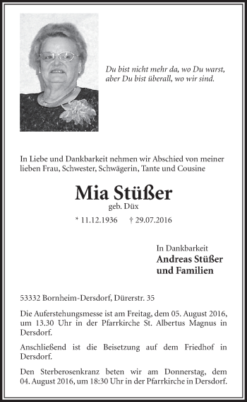 Anzeige von Mia Stüßer von  Schaufenster/Blickpunkt  Schlossbote/Werbekurier 