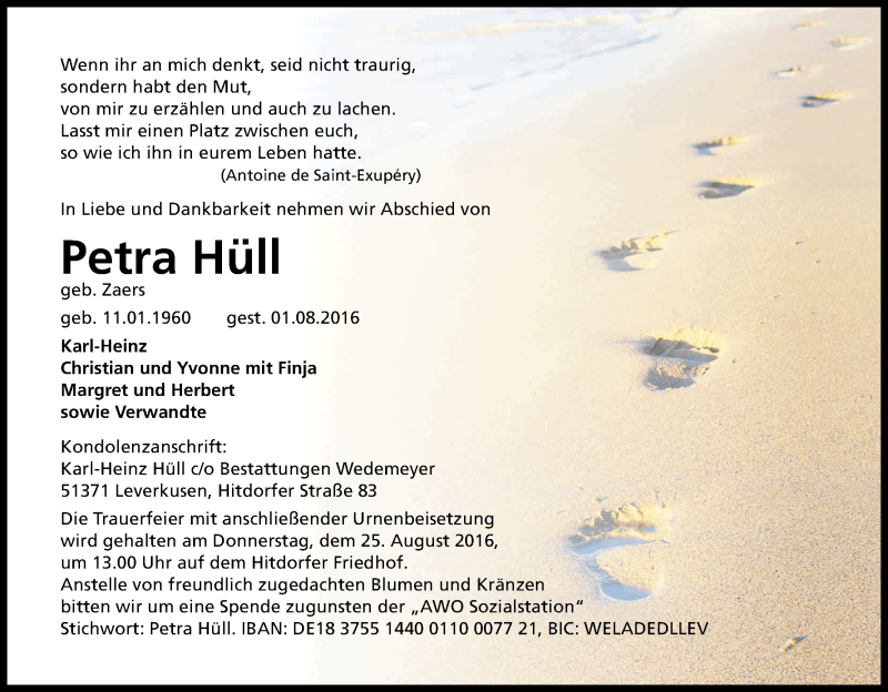  Traueranzeige für Petra Hüll vom 06.08.2016 aus Kölner Stadt-Anzeiger / Kölnische Rundschau / Express