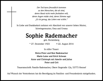 Anzeige von Sophie Rademacher von Kölner Stadt-Anzeiger / Kölnische Rundschau / Express