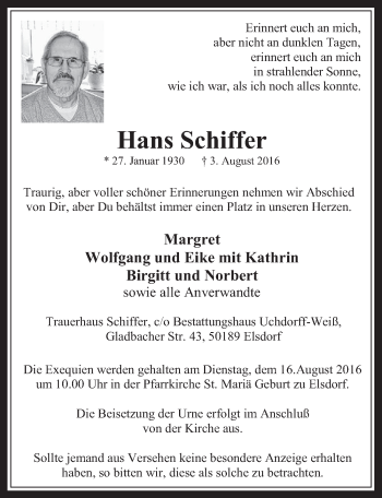 Anzeige von Hans Schiffer von  Werbepost 