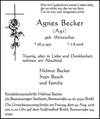 Anzeige von Agnes Becker von  Schlossbote/Werbekurier 