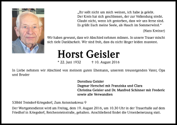 Anzeige von Horst Geisler von Kölner Stadt-Anzeiger / Kölnische Rundschau / Express