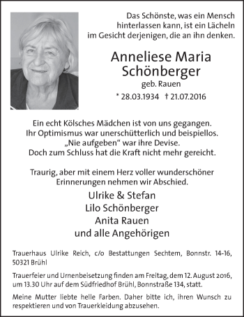Anzeige von Anneliese Maria Schönberger von  Schlossbote/Werbekurier 