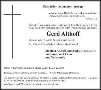Anzeige von Gerd Althoff von  Lokalanzeiger 
