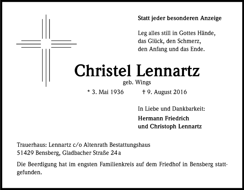  Traueranzeige für Christel Lennartz vom 20.08.2016 aus Kölner Stadt-Anzeiger / Kölnische Rundschau / Express