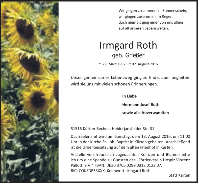  Traueranzeige für Irmgard Roth vom 10.08.2016 aus  Bergisches Handelsblatt 