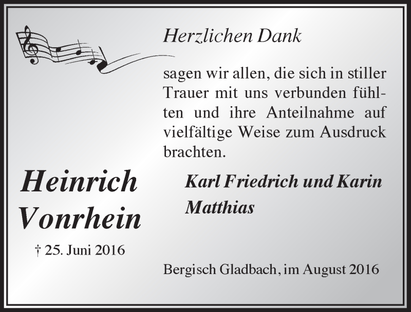  Traueranzeige für Heinrich Vonrhein vom 03.08.2016 aus  Bergisches Handelsblatt 