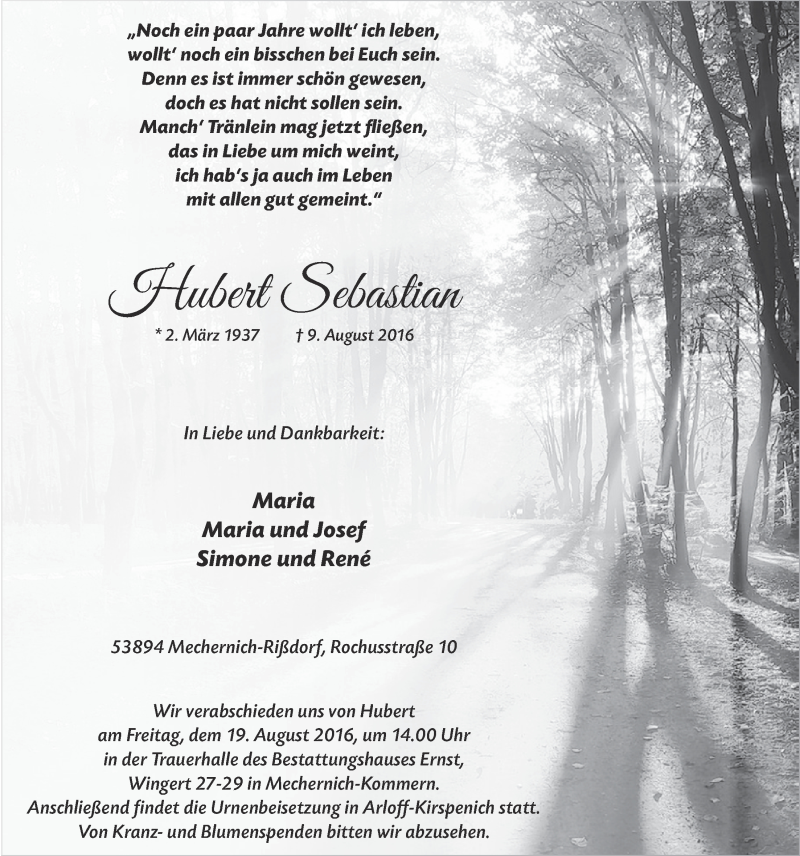  Traueranzeige für Hubert Sebastian vom 13.08.2016 aus  Blickpunkt Euskirchen 