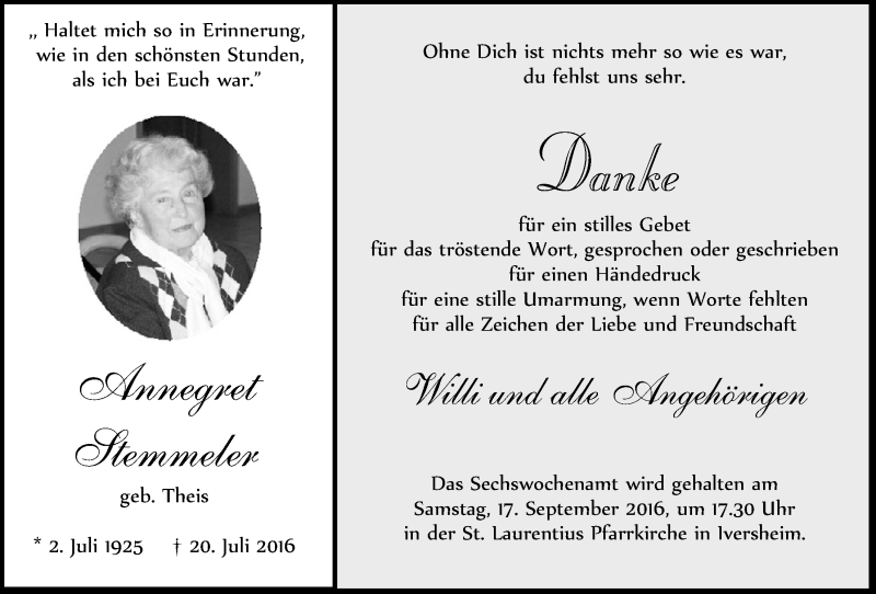  Traueranzeige für Annegret Stemmeler vom 27.08.2016 aus  Blickpunkt Euskirchen 