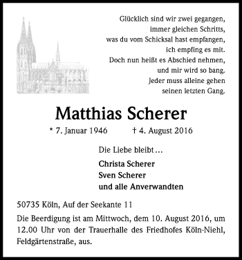 Anzeige von Matthias Scherer von Kölner Stadt-Anzeiger / Kölnische Rundschau / Express