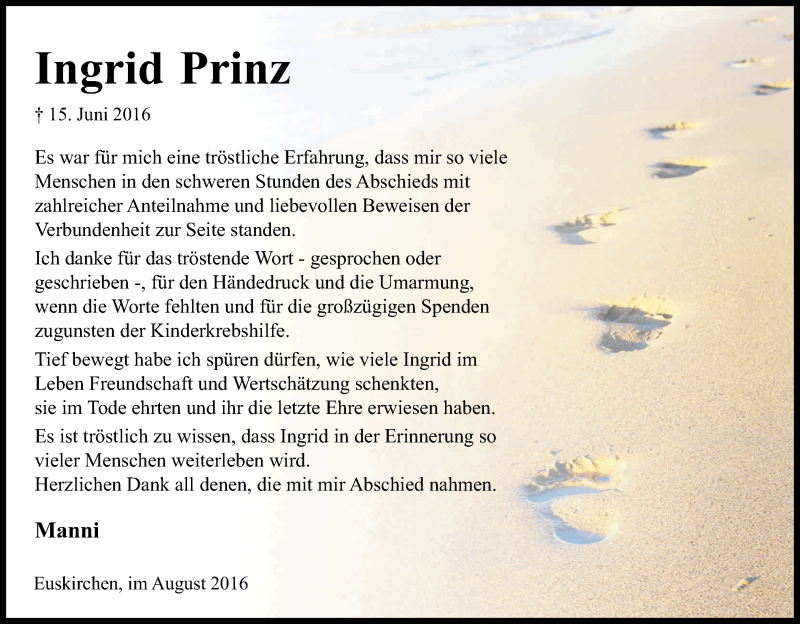  Traueranzeige für Ingrid Prinz vom 03.08.2016 aus Kölner Stadt-Anzeiger / Kölnische Rundschau / Express