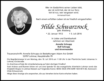 Anzeige von Hilde Schwarzrock von Kölner Stadt-Anzeiger / Kölnische Rundschau / Express