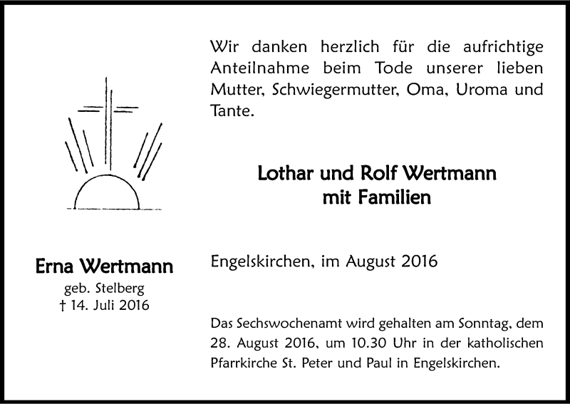  Traueranzeige für Erna Wertmann vom 09.08.2016 aus Kölner Stadt-Anzeiger / Kölnische Rundschau / Express