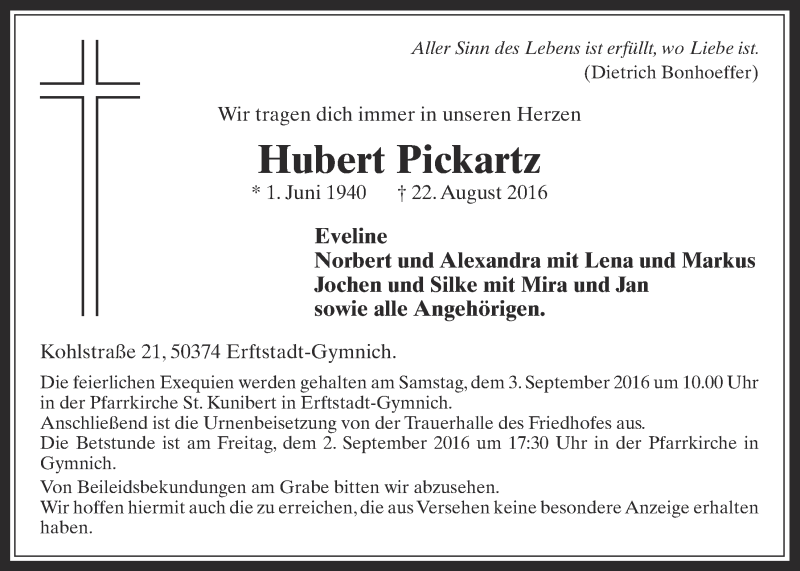  Traueranzeige für Hubert Pickartz vom 31.08.2016 aus  Werbepost 