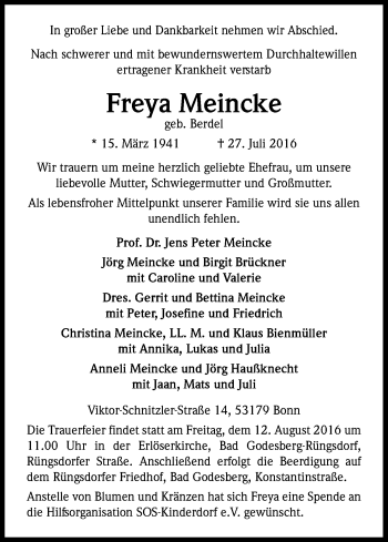 Anzeige von Freya Meincke von Kölner Stadt-Anzeiger / Kölnische Rundschau / Express
