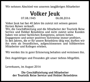 Anzeige von Volker Jeuk von Kölner Stadt-Anzeiger / Kölnische Rundschau / Express