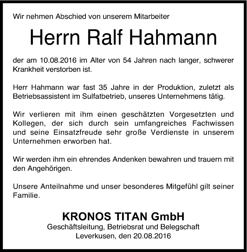  Traueranzeige für Ralf Hahmann vom 20.08.2016 aus Kölner Stadt-Anzeiger / Kölnische Rundschau / Express