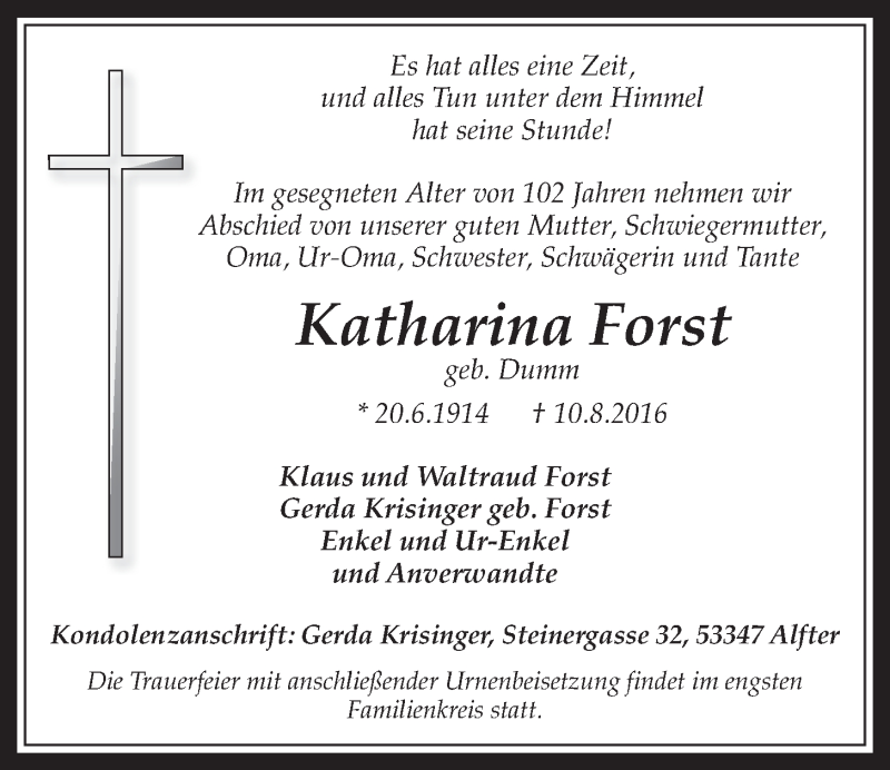  Traueranzeige für Katharina Forst vom 17.08.2016 aus  Schaufenster/Blickpunkt 