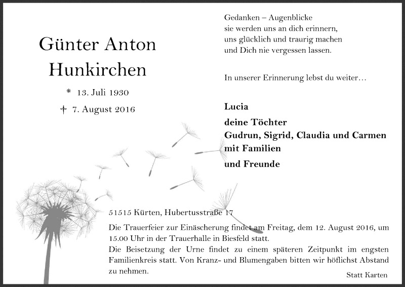  Traueranzeige für Günter Anton Hunkirchen vom 10.08.2016 aus Kölner Stadt-Anzeiger / Kölnische Rundschau / Express