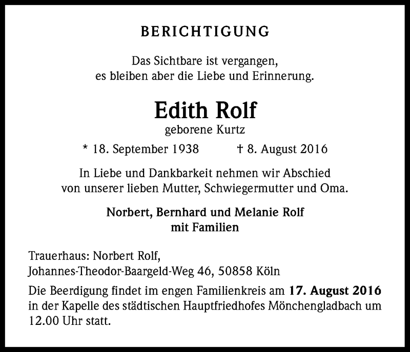  Traueranzeige für Edith Rolf vom 15.08.2016 aus Kölner Stadt-Anzeiger / Kölnische Rundschau / Express