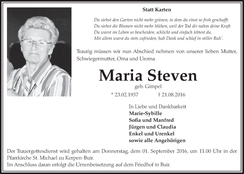  Traueranzeige für Maria Steven vom 27.08.2016 aus  Sonntags-Post 