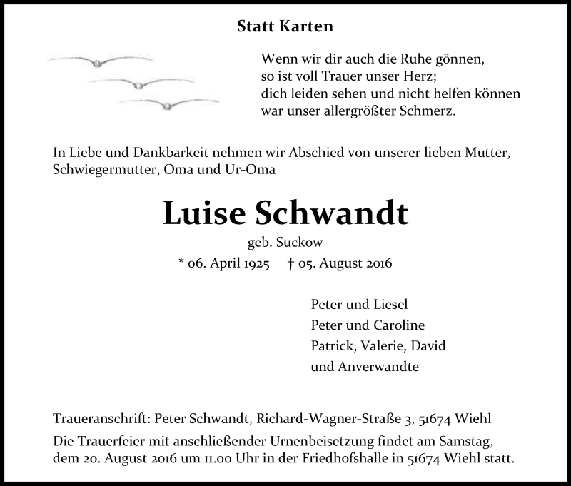  Traueranzeige für Luise Schwandt vom 13.08.2016 aus Kölner Stadt-Anzeiger / Kölnische Rundschau / Express