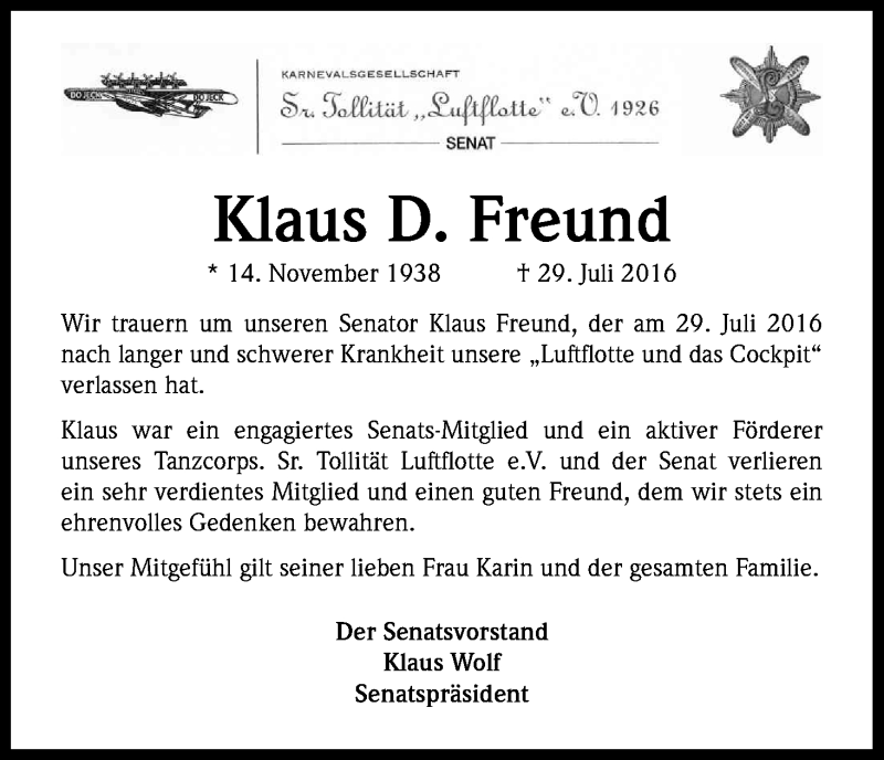  Traueranzeige für Klaus Freund vom 06.08.2016 aus Kölner Stadt-Anzeiger / Kölnische Rundschau / Express