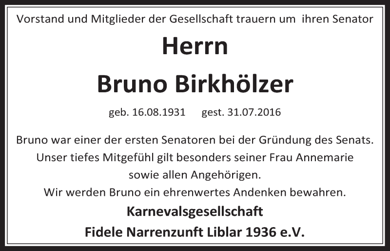  Traueranzeige für Bruno Birkhölzer vom 10.08.2016 aus  Werbepost 