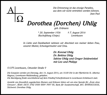 Anzeige von Dorothea Uhlig von Kölner Stadt-Anzeiger / Kölnische Rundschau / Express