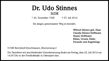 Anzeige von Udo Stinnes von Kölner Stadt-Anzeiger / Kölnische Rundschau / Express
