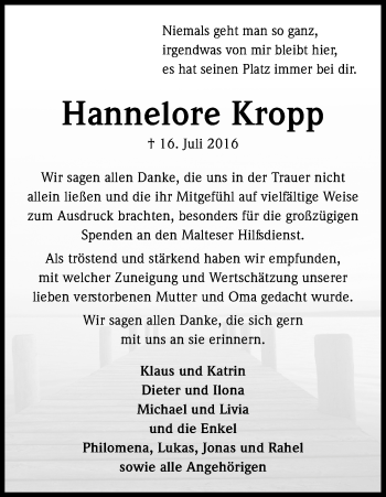 Anzeige von Hannelore Kropp von Kölner Stadt-Anzeiger / Kölnische Rundschau / Express