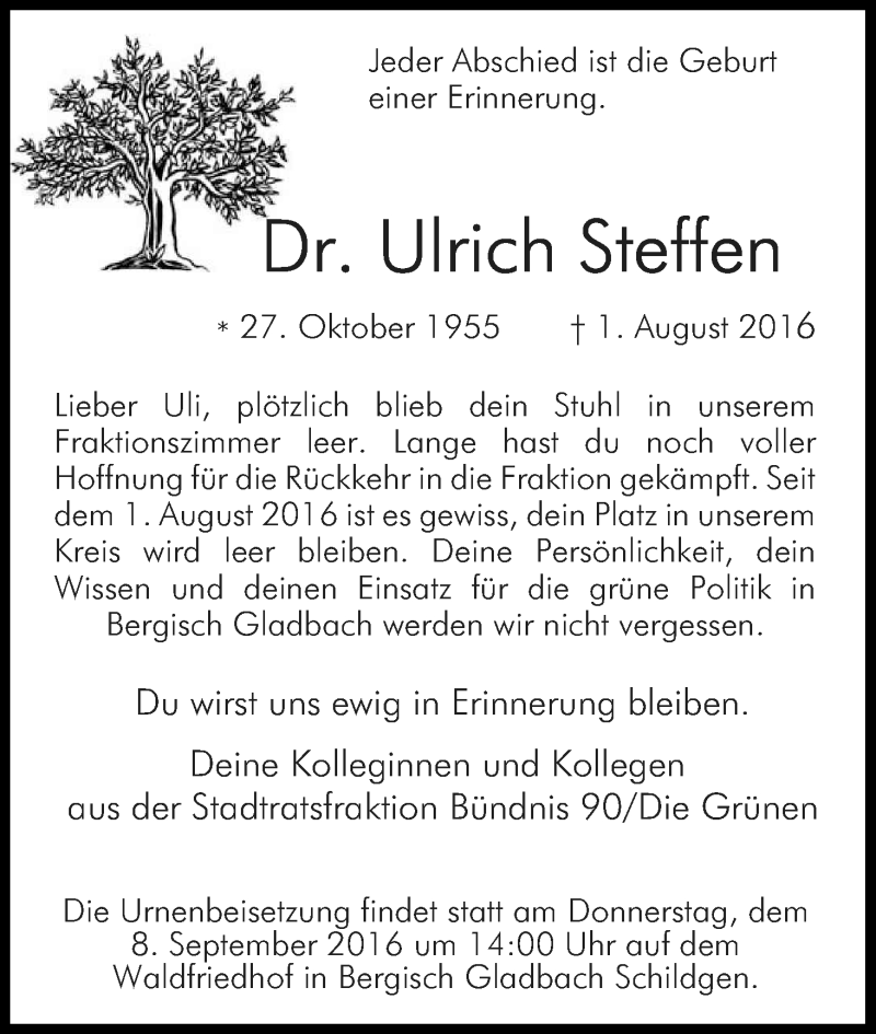  Traueranzeige für Ulrich Steffen vom 31.08.2016 aus Kölner Stadt-Anzeiger / Kölnische Rundschau / Express