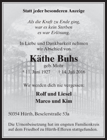 Anzeige von Käthe Buhs von  Wochenende 