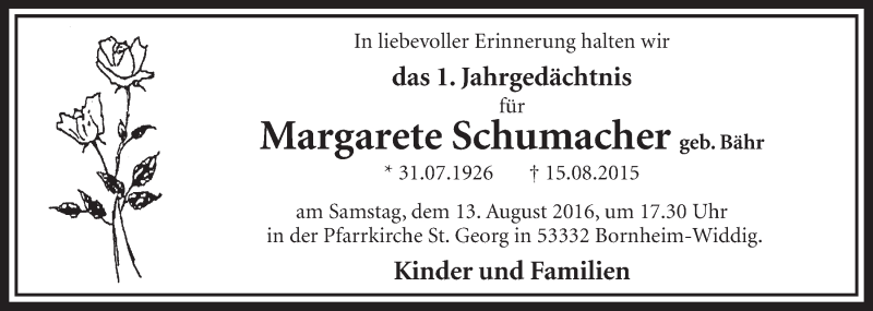  Traueranzeige für Margarete Schumacher vom 03.08.2016 aus  Schlossbote/Werbekurier 
