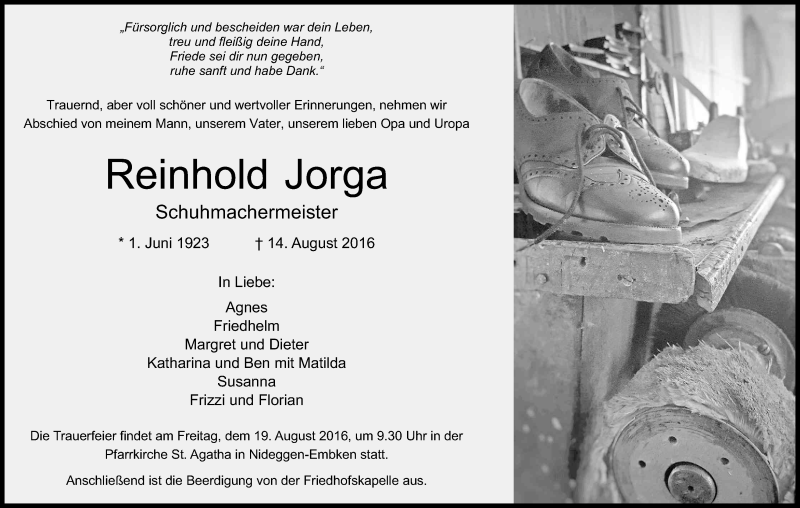  Traueranzeige für Reinhold Jorga vom 17.08.2016 aus Kölner Stadt-Anzeiger / Kölnische Rundschau / Express