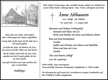 Anzeige von Änne Althausen von Kölner Stadt-Anzeiger / Kölnische Rundschau / Express