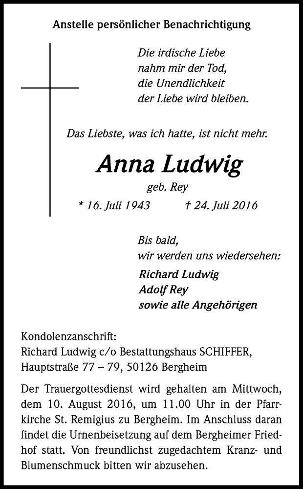  Traueranzeige für Anna Ludwig vom 06.08.2016 aus Kölner Stadt-Anzeiger / Kölnische Rundschau / Express