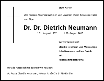 Anzeige von Dietrich Neumann von Kölner Stadt-Anzeiger / Kölnische Rundschau / Express