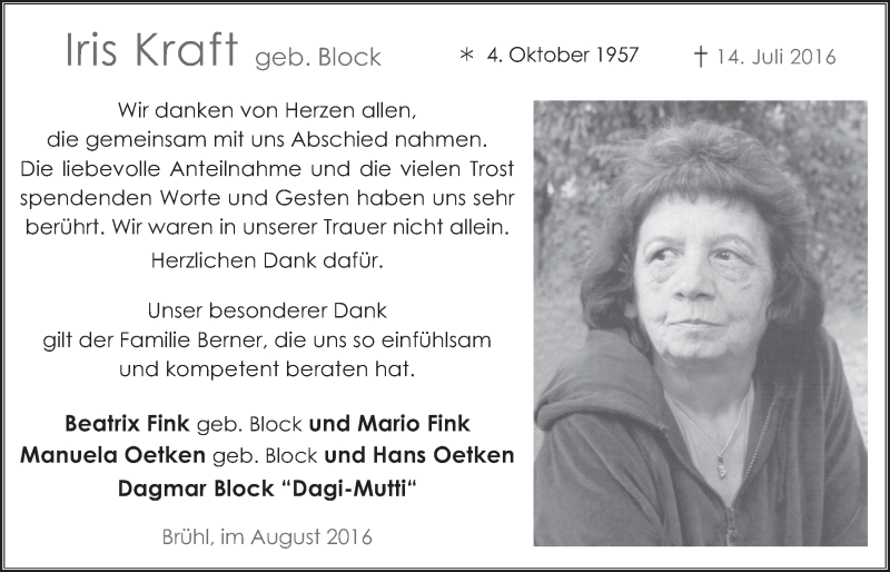  Traueranzeige für Iris Kraft vom 10.08.2016 aus  Schlossbote/Werbekurier 
