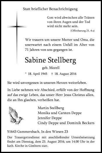 Anzeige von Sabine Stellberg von Kölner Stadt-Anzeiger / Kölnische Rundschau / Express