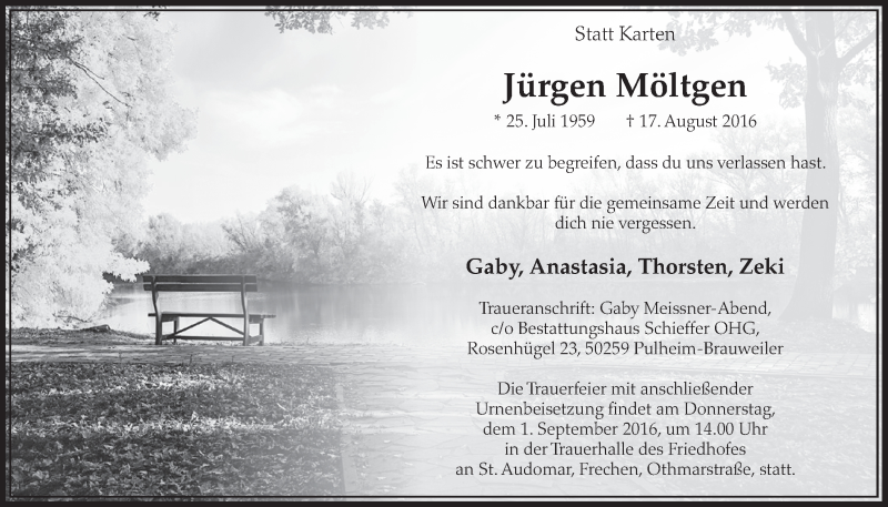 Traueranzeige für Jürgen Möltgen vom 27.08.2016 aus  Sonntags-Post 