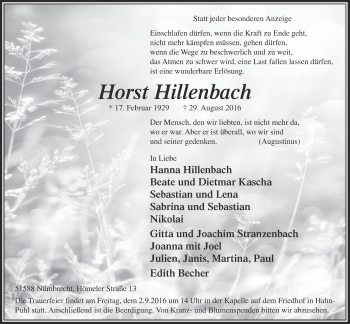 Anzeige von Horst Hillenbach von  Lokalanzeiger 