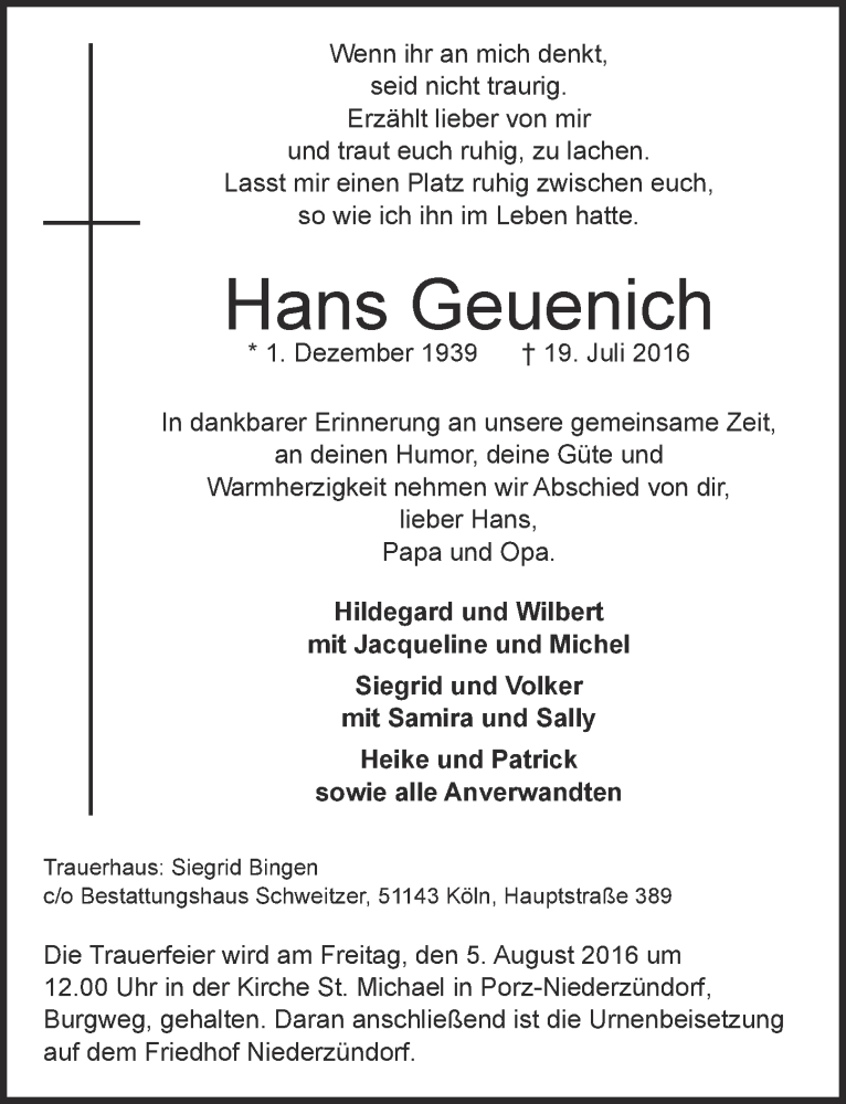  Traueranzeige für Hans Geuenich vom 03.08.2016 aus  Kölner Wochenspiegel 