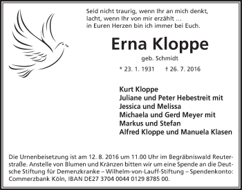 Anzeige von Erna Kloppe von  Bergisches Handelsblatt 