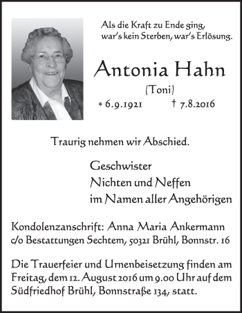 Anzeige von Antonia Hahn von  Schlossbote/Werbekurier 