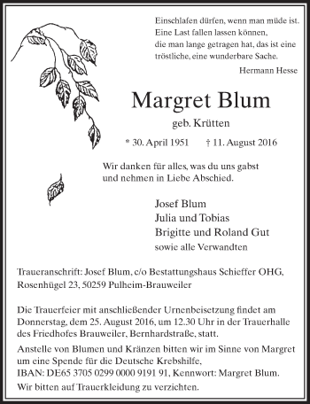 Anzeige von Margret Blum von  Sonntags-Post 