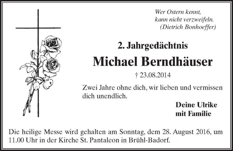  Traueranzeige für Michael Berndhäuser vom 24.08.2016 aus  Schlossbote/Werbekurier 